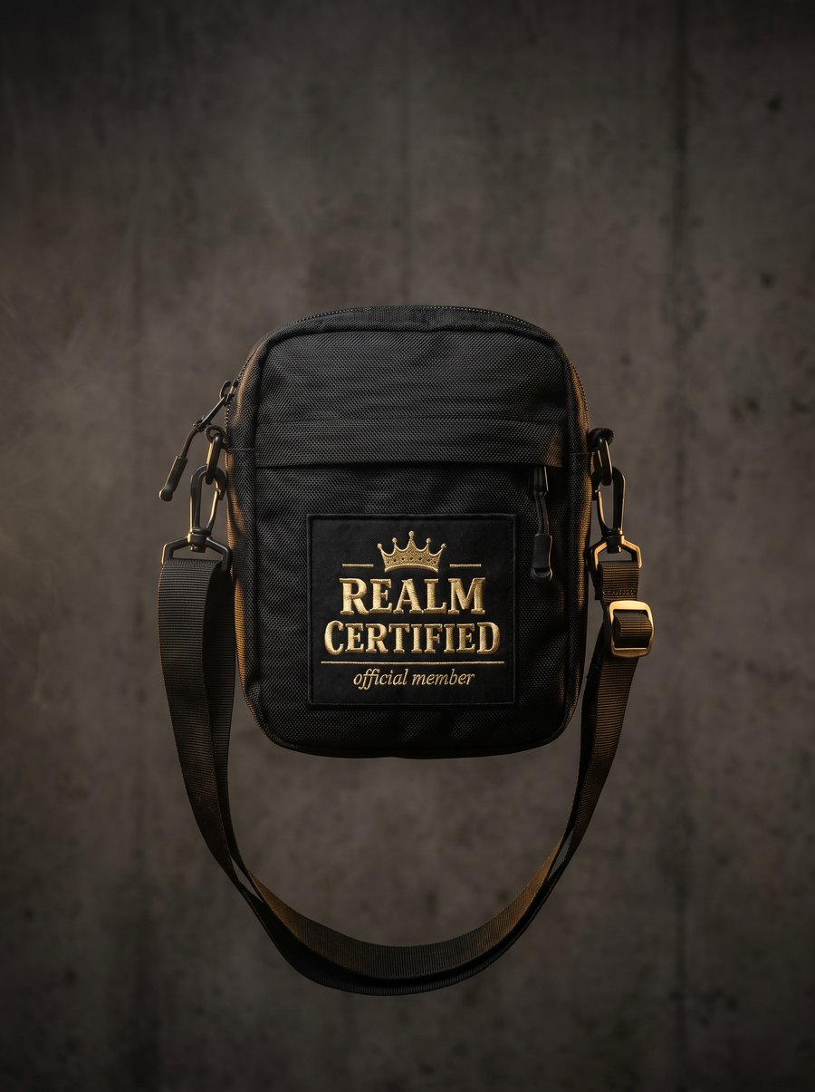 Black Realm Certified crossbody sling bag with gold hardware