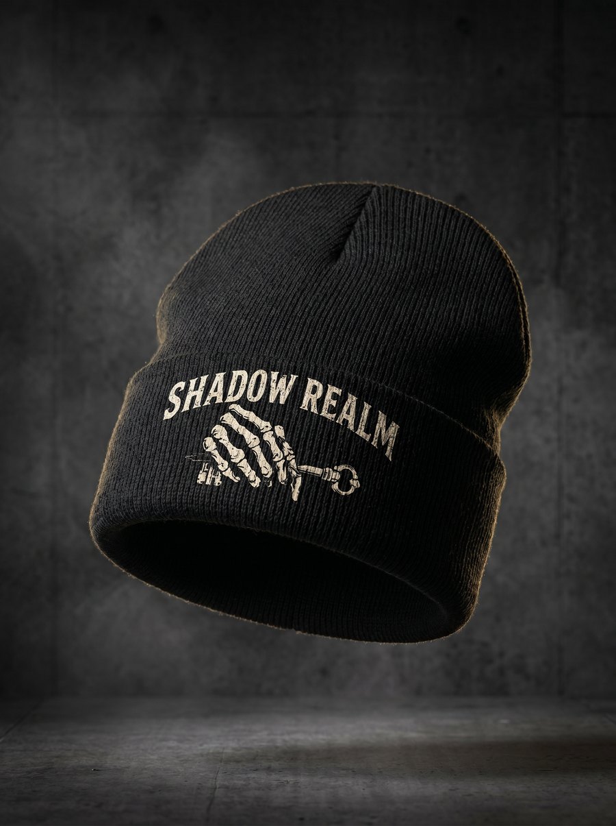 Black Shadow Realm cuffed knit beanie with Realm Hunting crest