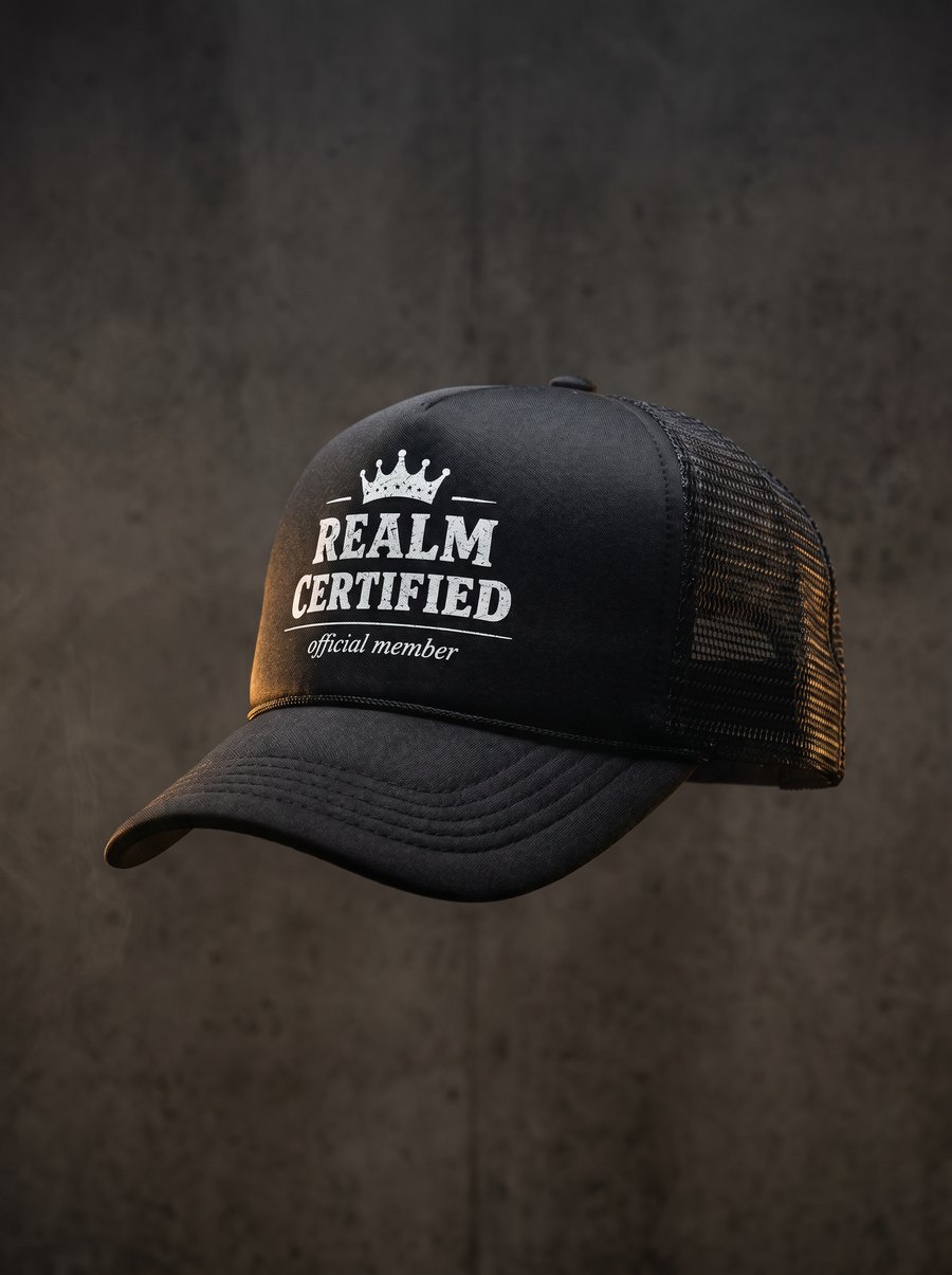 Black Realm Certified trucker cap with white crown crest