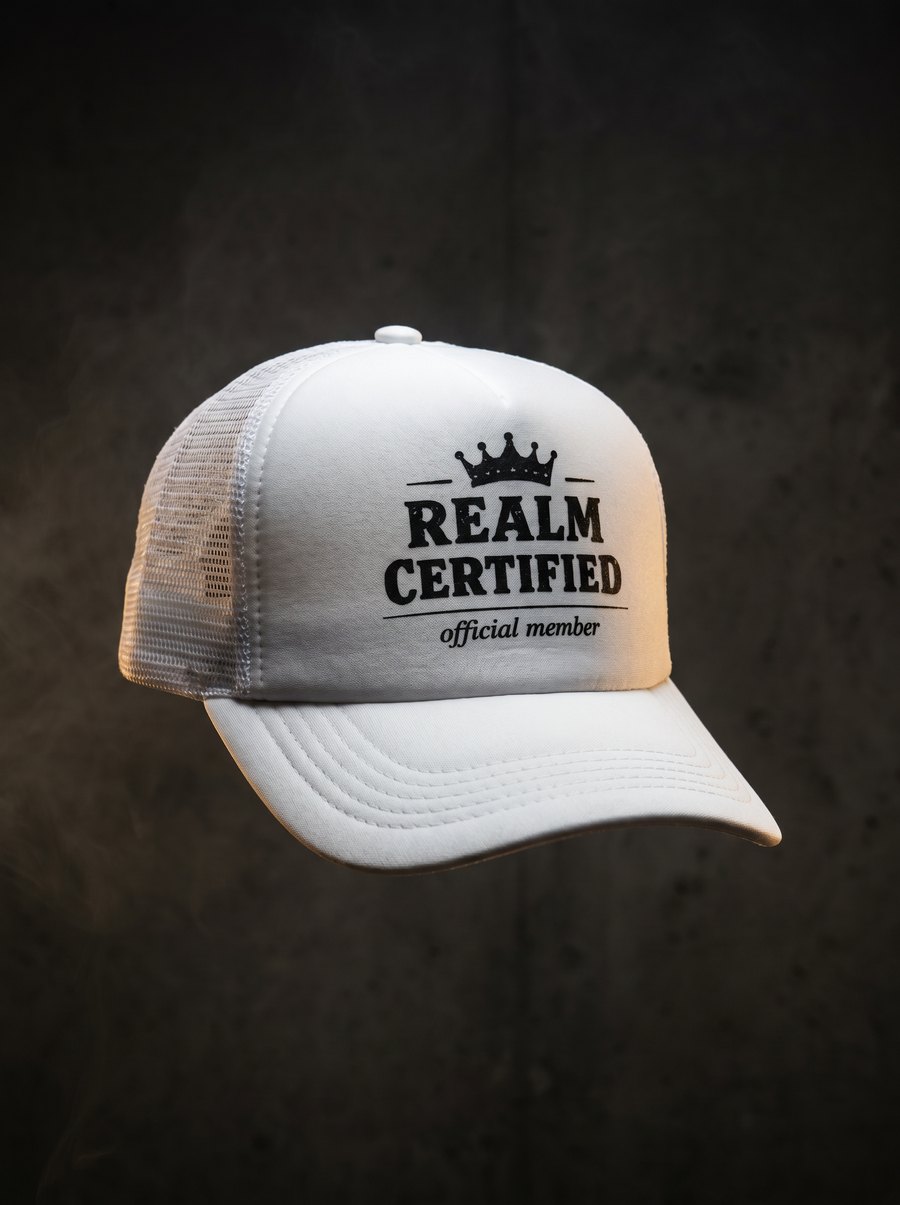 White Realm Certified trucker cap with black crown crest