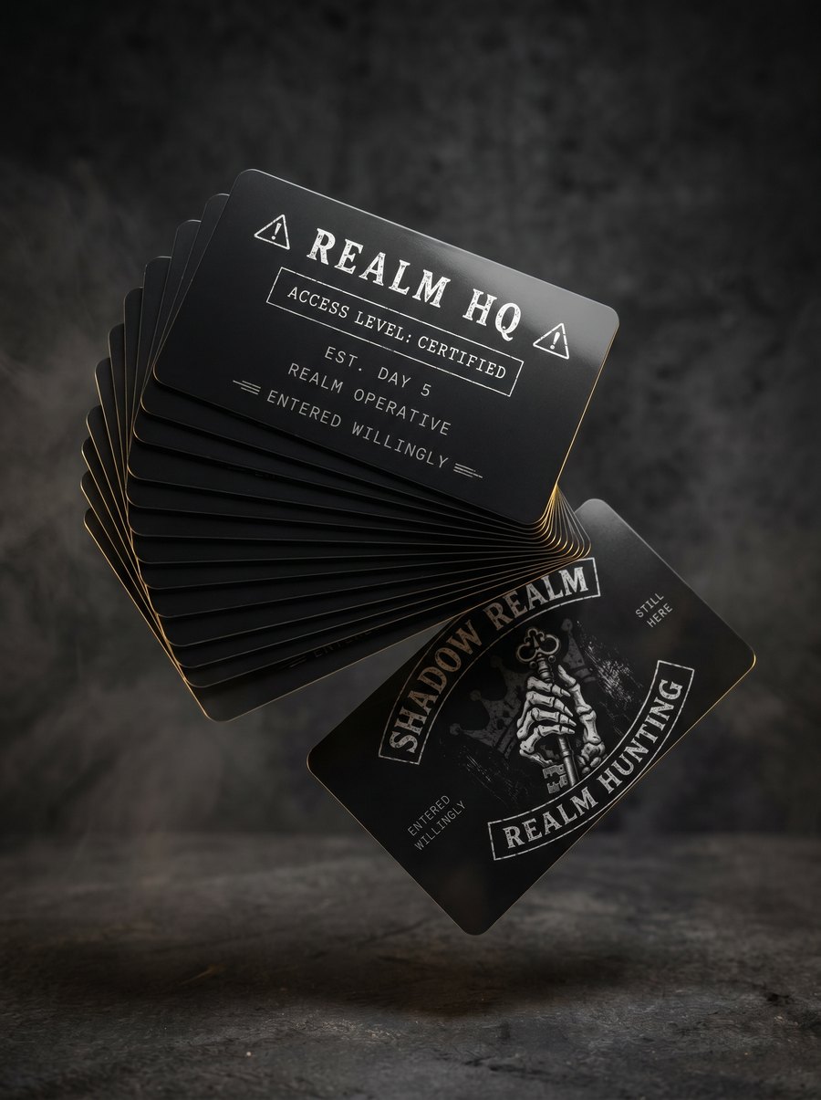 Pack of 10 black Shadow Realm access cards, front and back